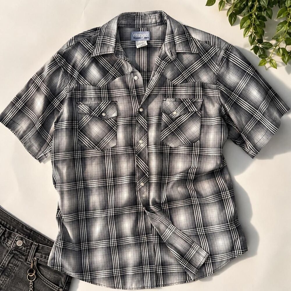 Wrangler Black Gray Plaid Pearl Snap Western Shirt Grunge Skater Large